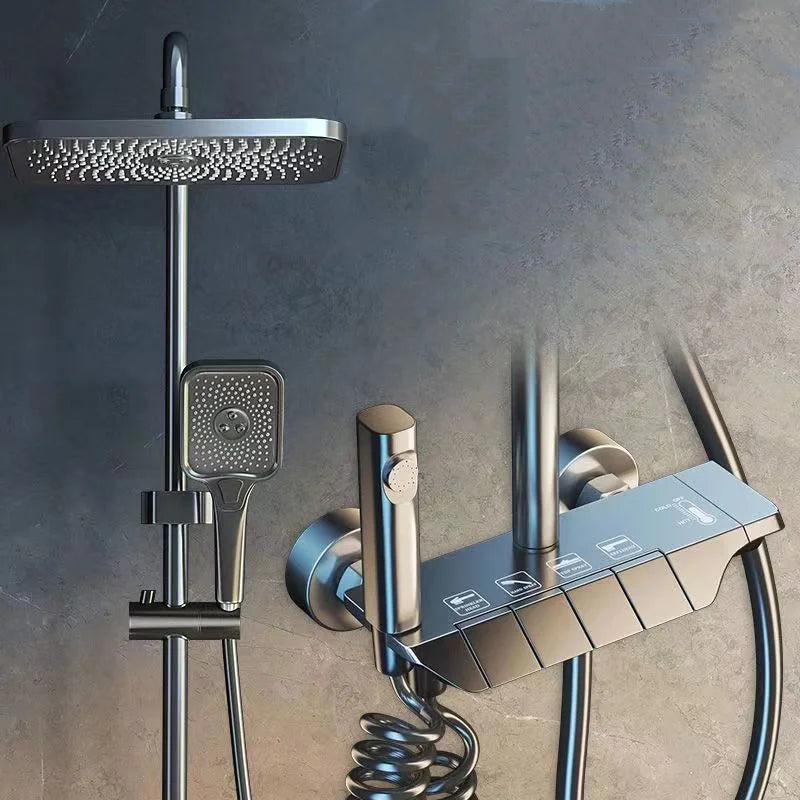 Better Homes Brass Shower Panel System – 4 Function Shower Set with 10″ Rainfall Head, Multi-Function Handheld, Dual Spray Gun, Adjustable Bar & Hidden Outlet – Matte Grey Finish