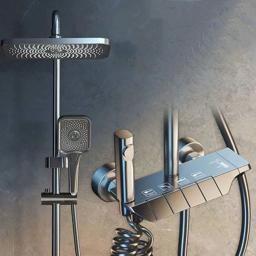 Better Homes Brass Shower Panel System – 4 Function Shower Set with 10″ Rainfall Head, Multi-Function Handheld, Dual Spray Gun, Adjustable Bar & Hidden Outlet – Matte Grey Finish